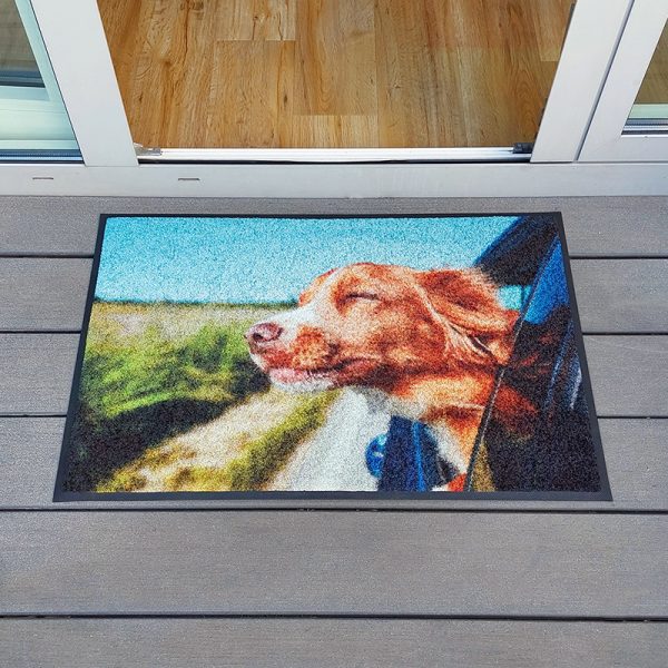 Fußmatte mit einem Hundefoto vor Terrassentür