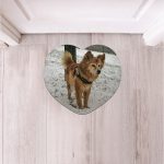 Herzförmige Fotofußmatte mit Hund im Schnee vor der Eingangstür