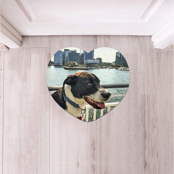 Herzförmige Fotofußmatte mit Hund auf einer Brücke vor der Eingangstüre